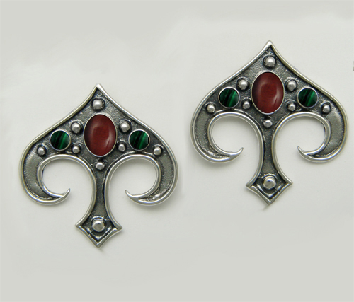 Sterling Silver Gothic Inspired Drop Dangle Earrings With Red Tiger Eye And Malachite